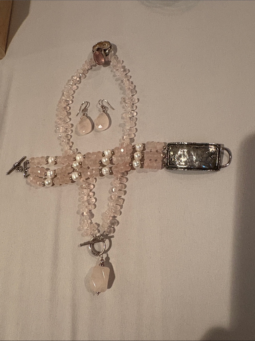 Silpada Elegant Rose Quartz and Pearl Bracelet & Necklace Set